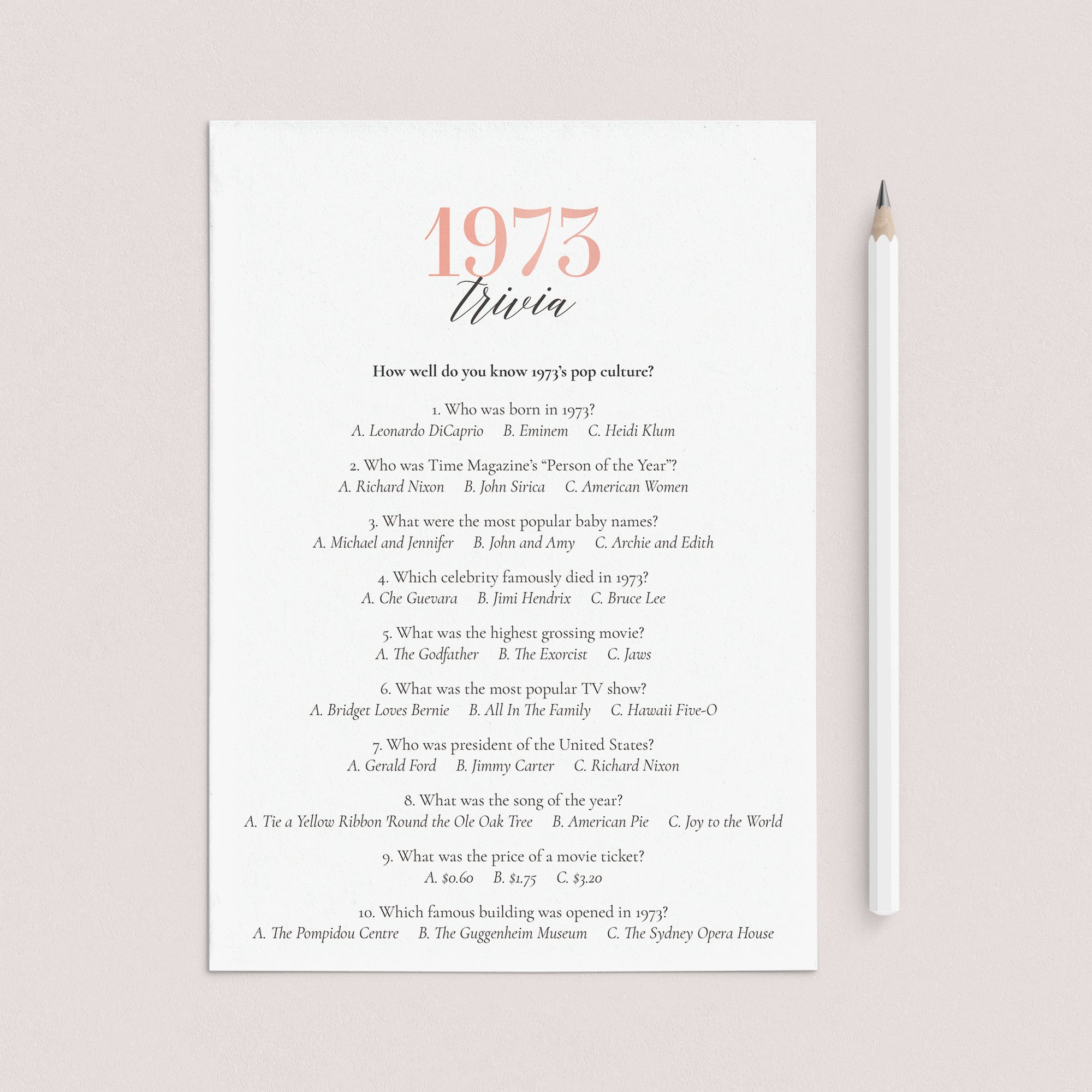 1973 Trivia Quiz with Answer Key Instant Download, 50th Birthday
