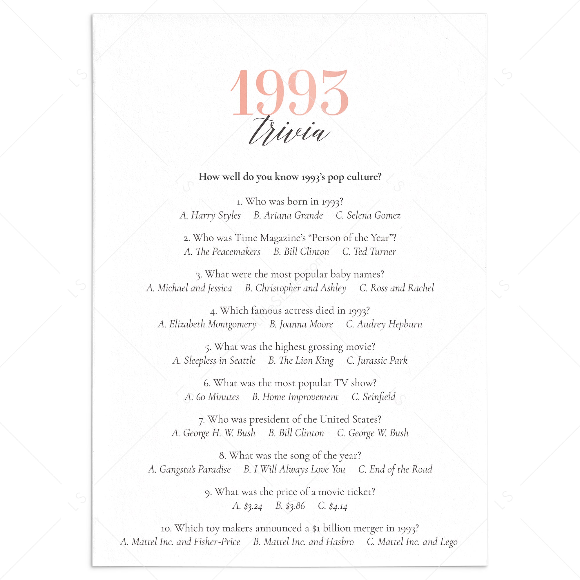 1993 Trivia Questions and Answers Printable by LittleSizzle