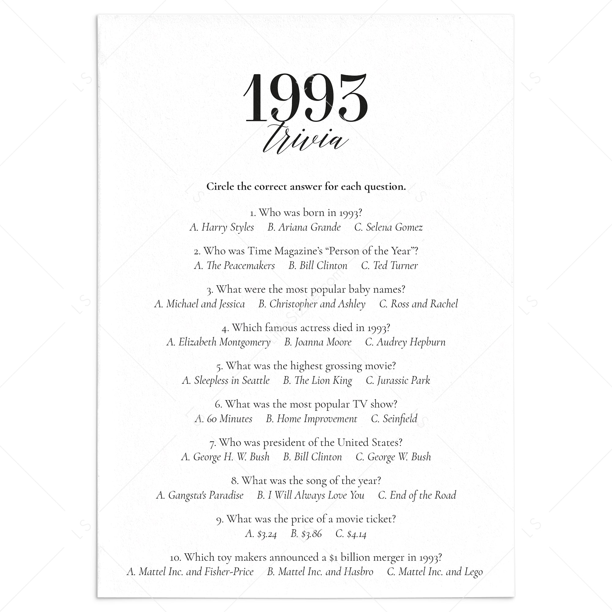 1993 Fun Facts Quiz with Answers Printable by LittleSizzle