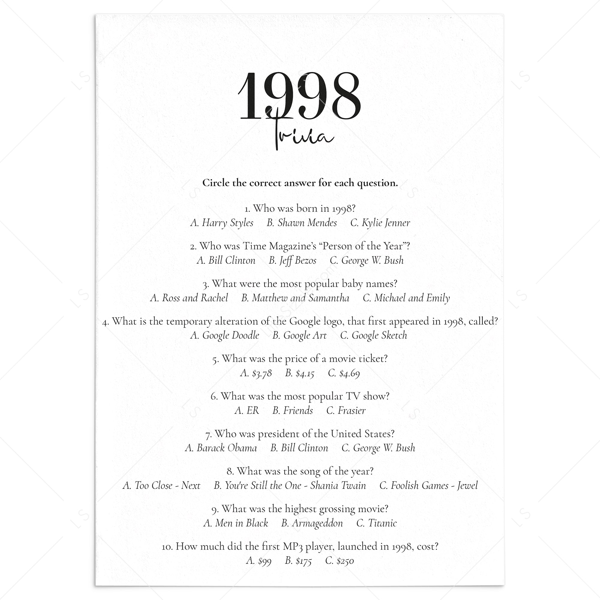 1998 Trivia Quiz with Answers Digital Download by LittleSizzle