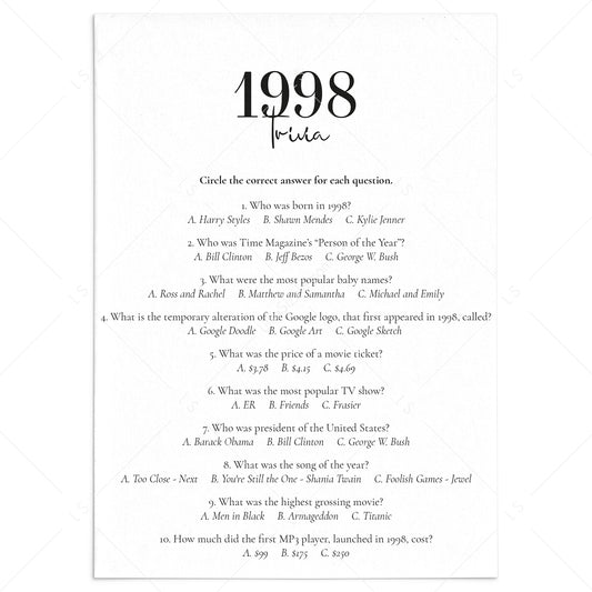 1998 Trivia Quiz with Answers Digital Download by LittleSizzle