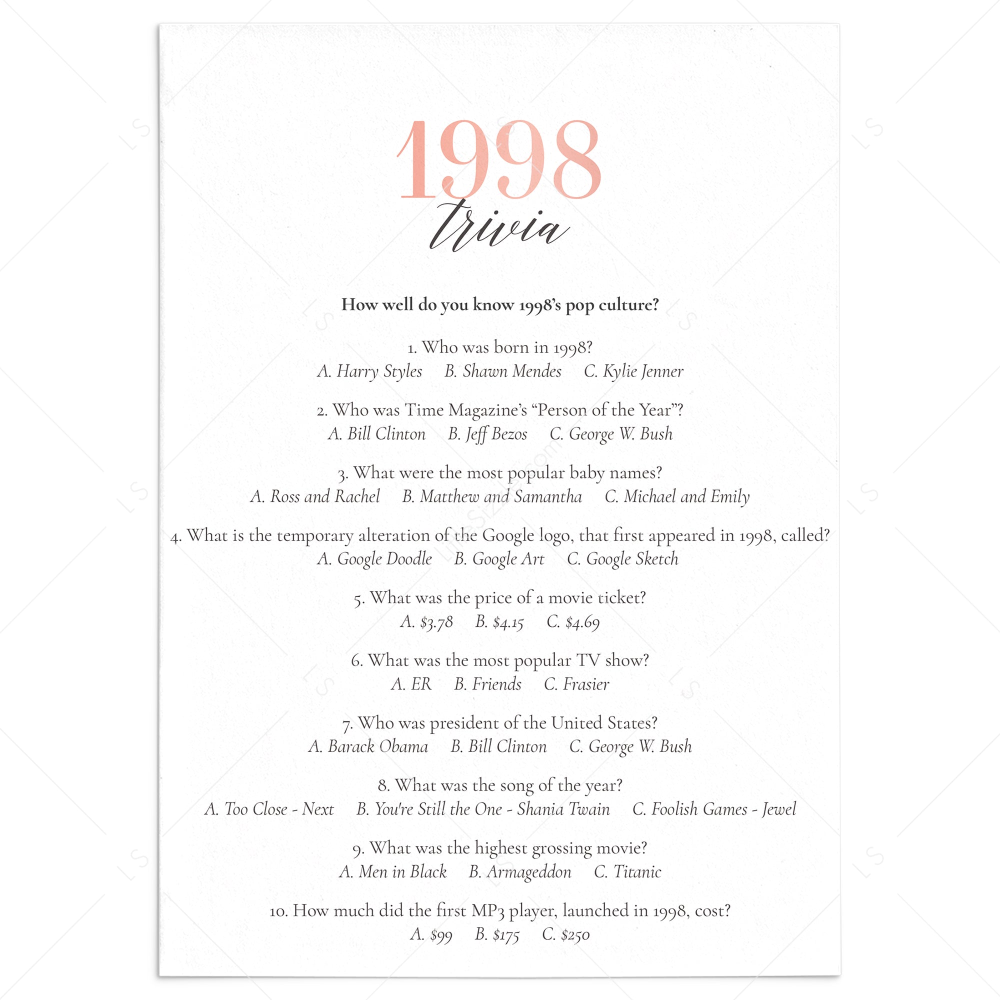 1998 Trivia Questions and Answers Printable by LittleSizzle