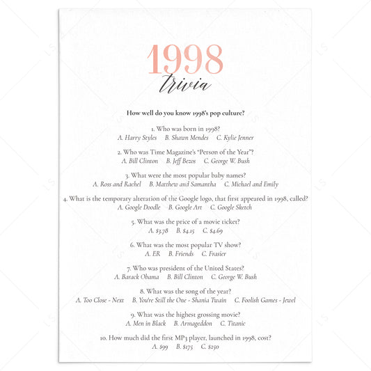 1998 Trivia Questions and Answers Printable by LittleSizzle
