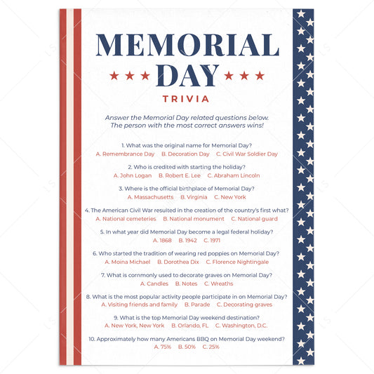 Memorial Day Trivia Questions with Answers Printable by LittleSizzle