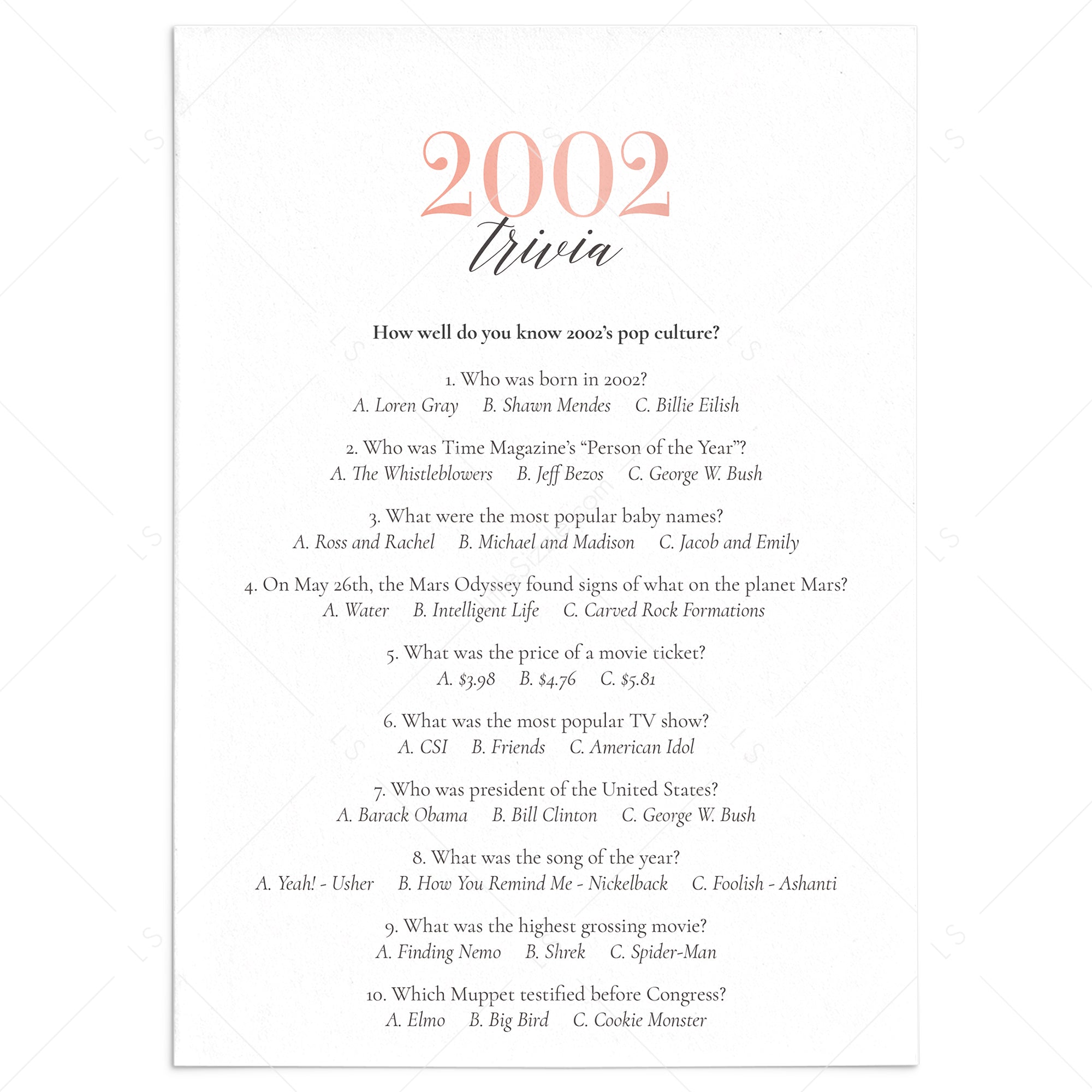 2002 Trivia Questions and Answers Printable by LittleSizzle
