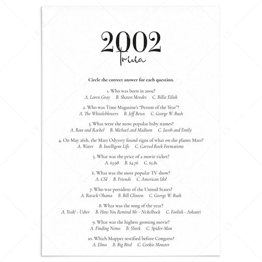2002 Trivia Quiz with Answer Key Instant Download by LittleSizzle