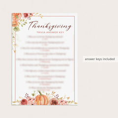 Floral Thanksgiving Dinner Party Trivia Games Printable