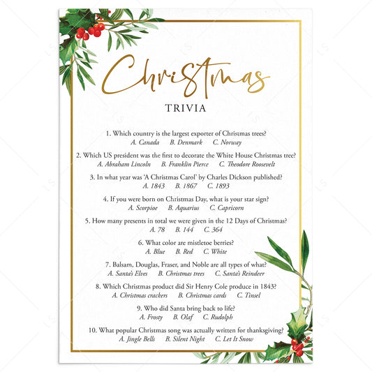 Chic Christmas Trivia Quiz Printable Greenery and Gold by LittleSizzle