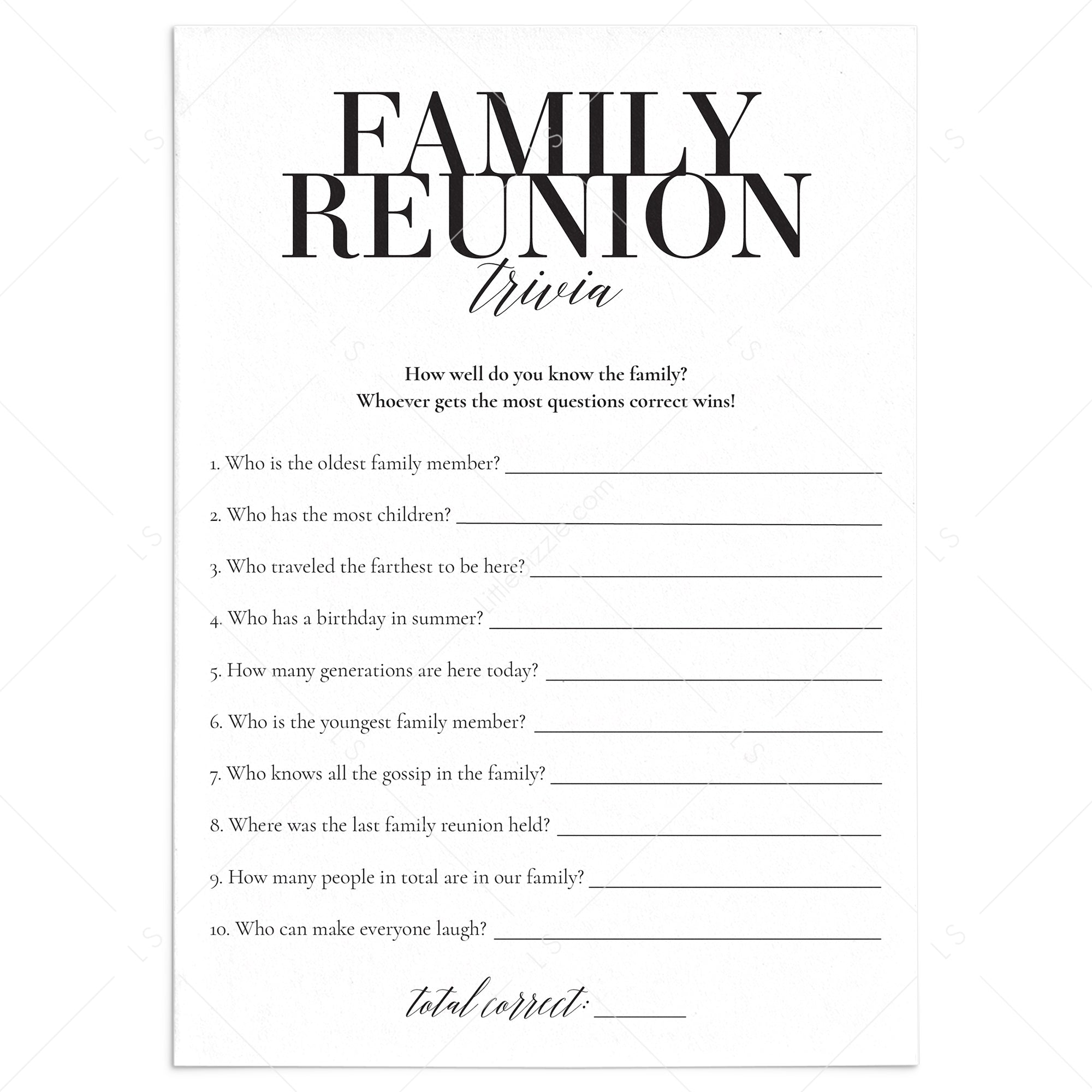 Family Reunion Trivia Quiz Instant Download by LittleSizzle