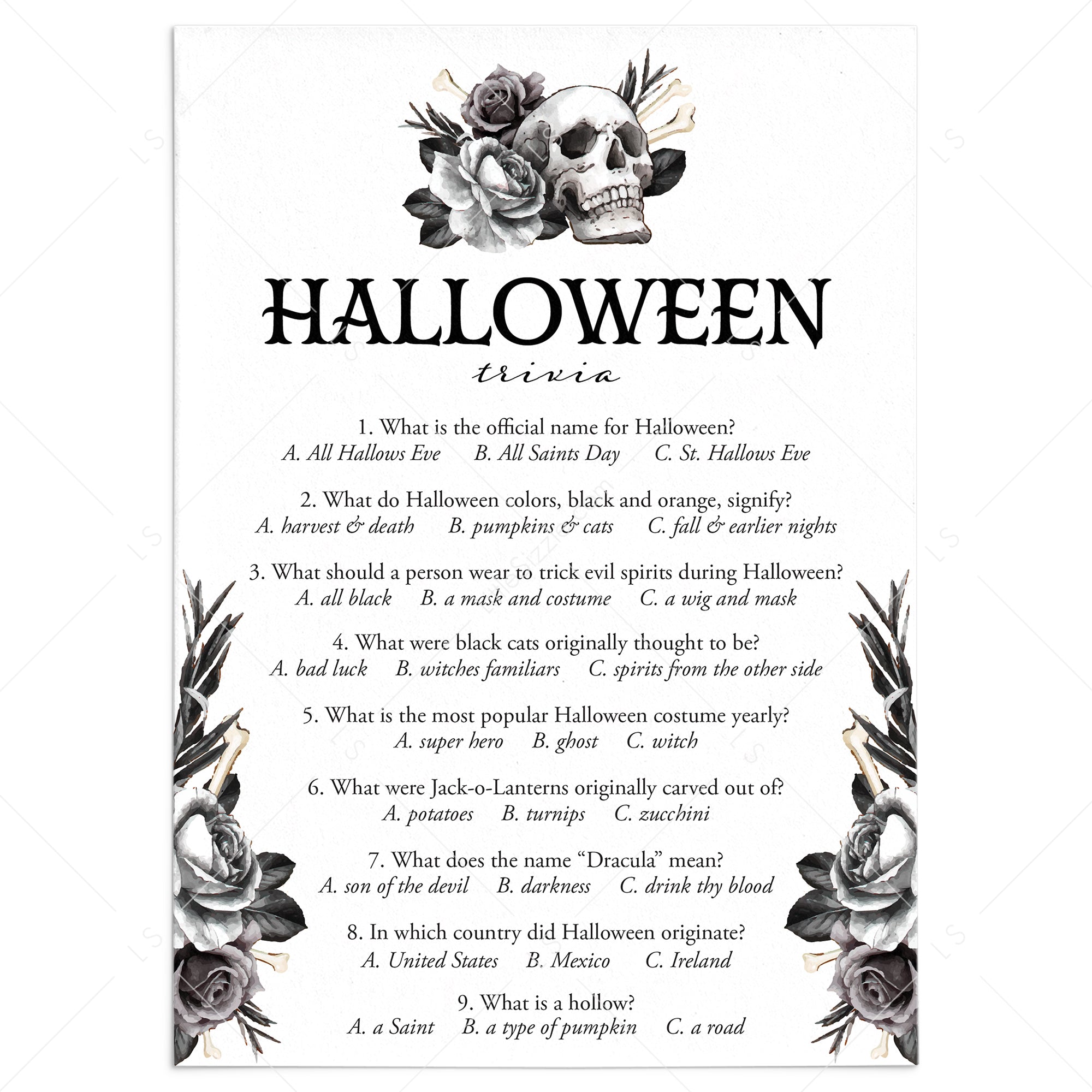 Printable Halloween Trivia Quiz with Answers Floral Skull by LittleSizzle
