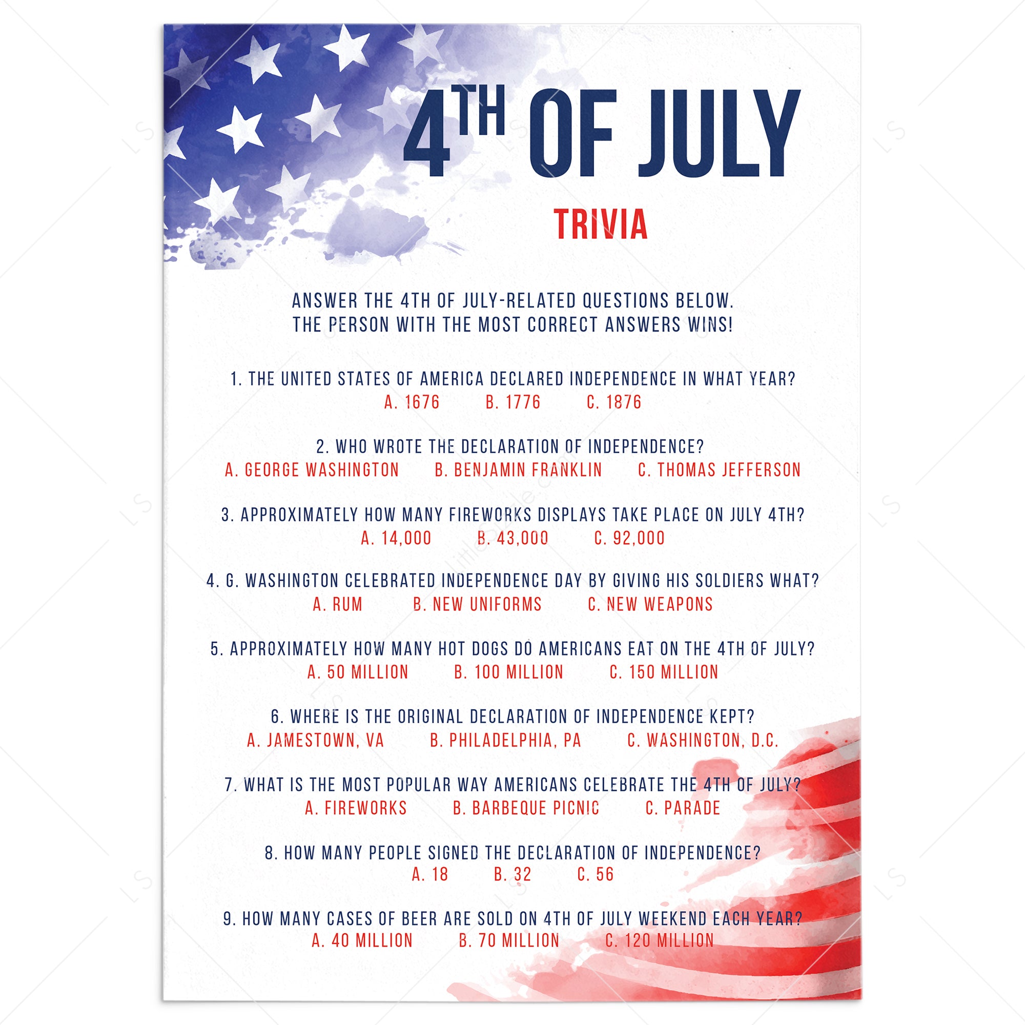 Printable 4th of July Trivia Quiz with Answers by LittleSizzle