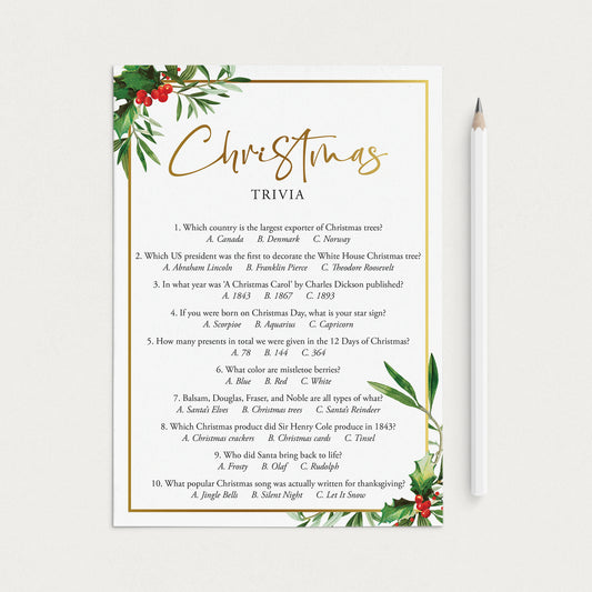 Chic Christmas Trivia Quiz Printable Greenery and Gold by LittleSizzle