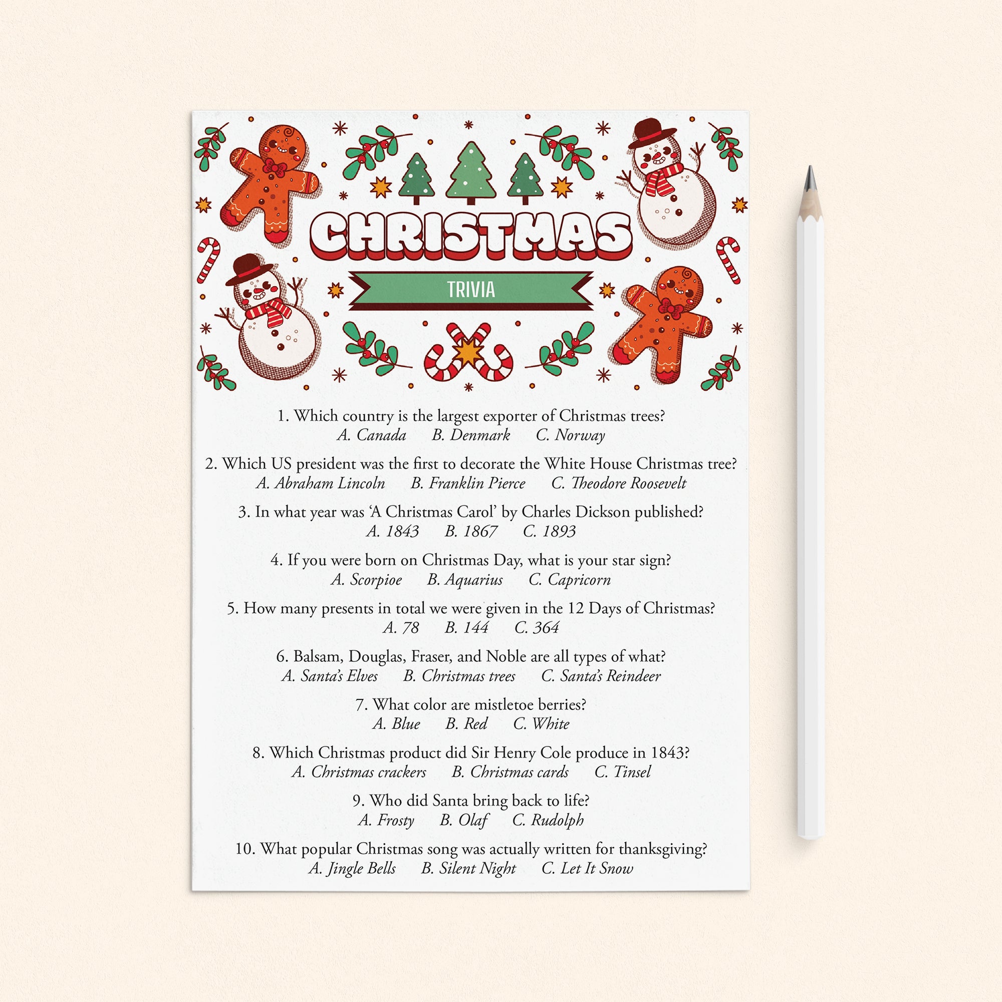 Christmas Trivia Quiz with Answers Printable by LittleSizzle