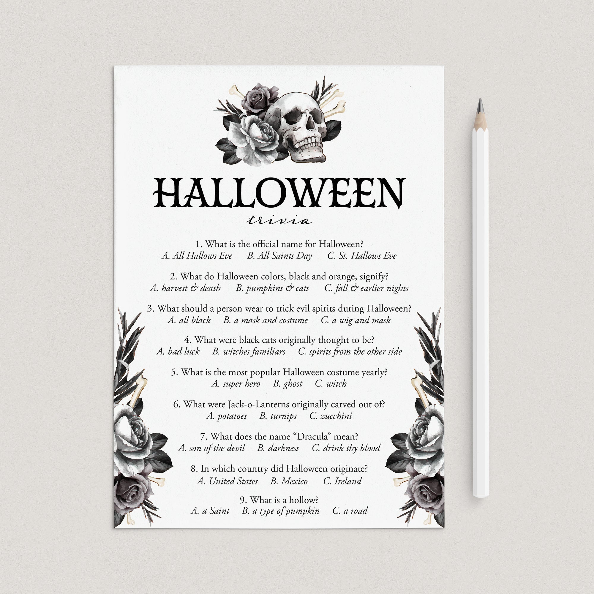 Printable Halloween Trivia Quiz with Answers Floral Skull by LittleSizzle