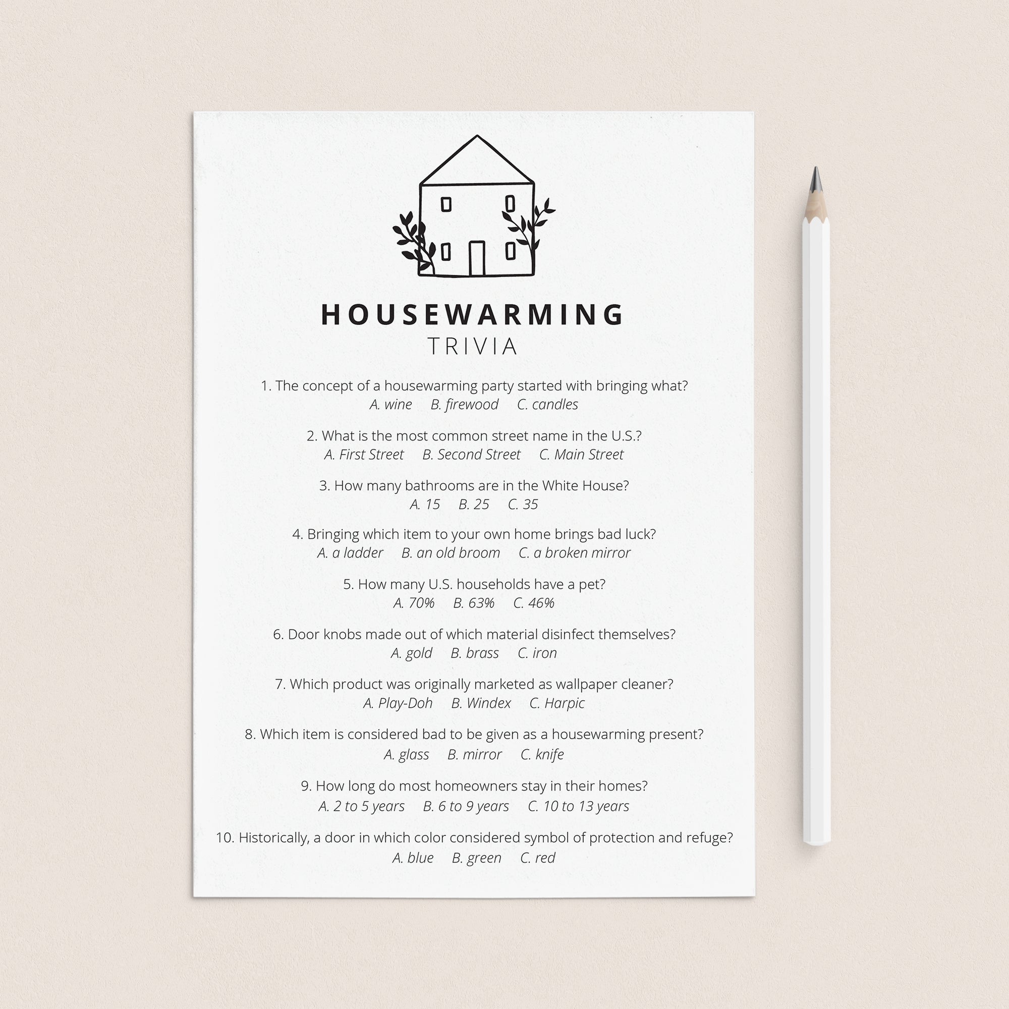 Housewarming Party Trivia Quiz with Answers Printable by LittleSizzle