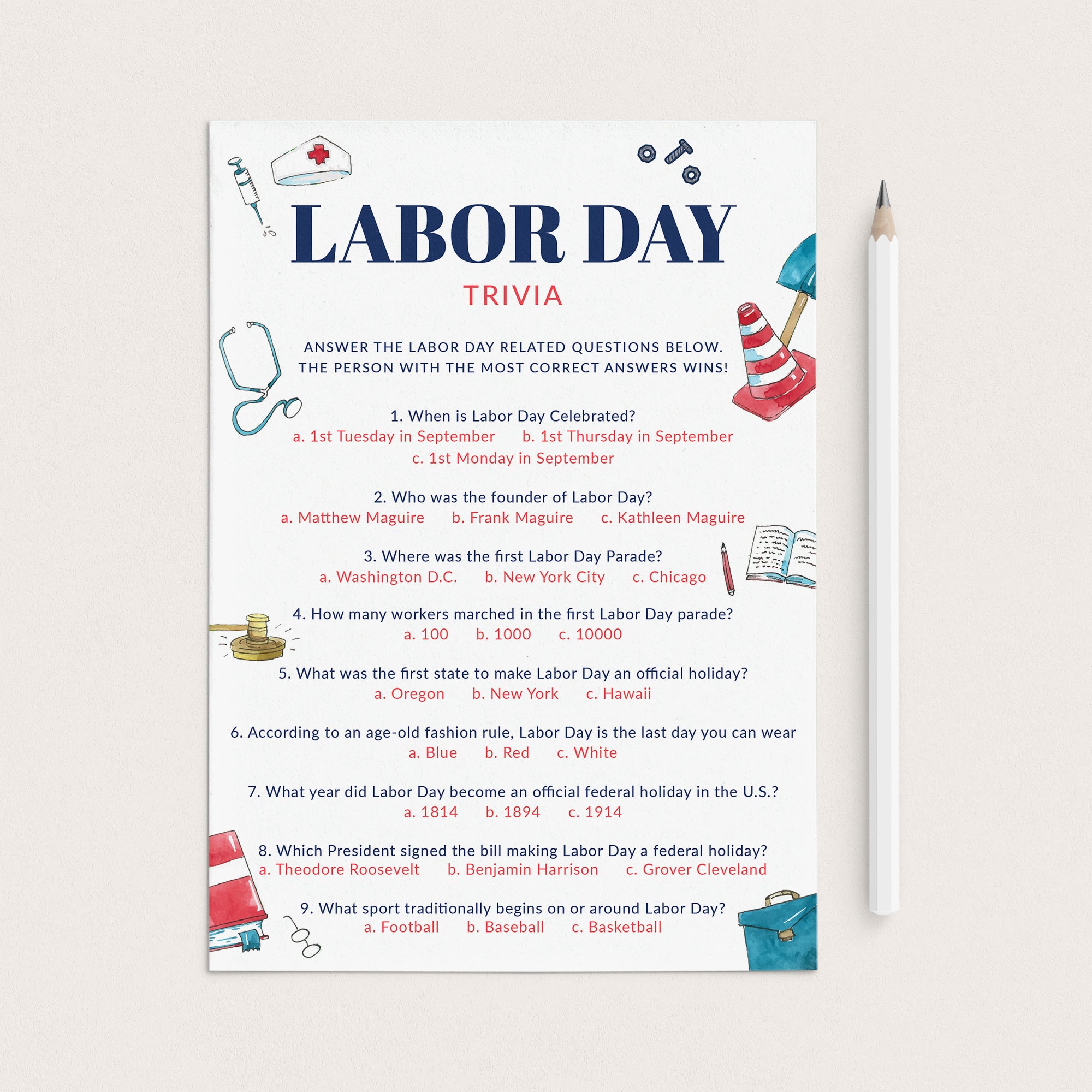 Labor Day Trivia with Answer Key Printable by LittleSizzle