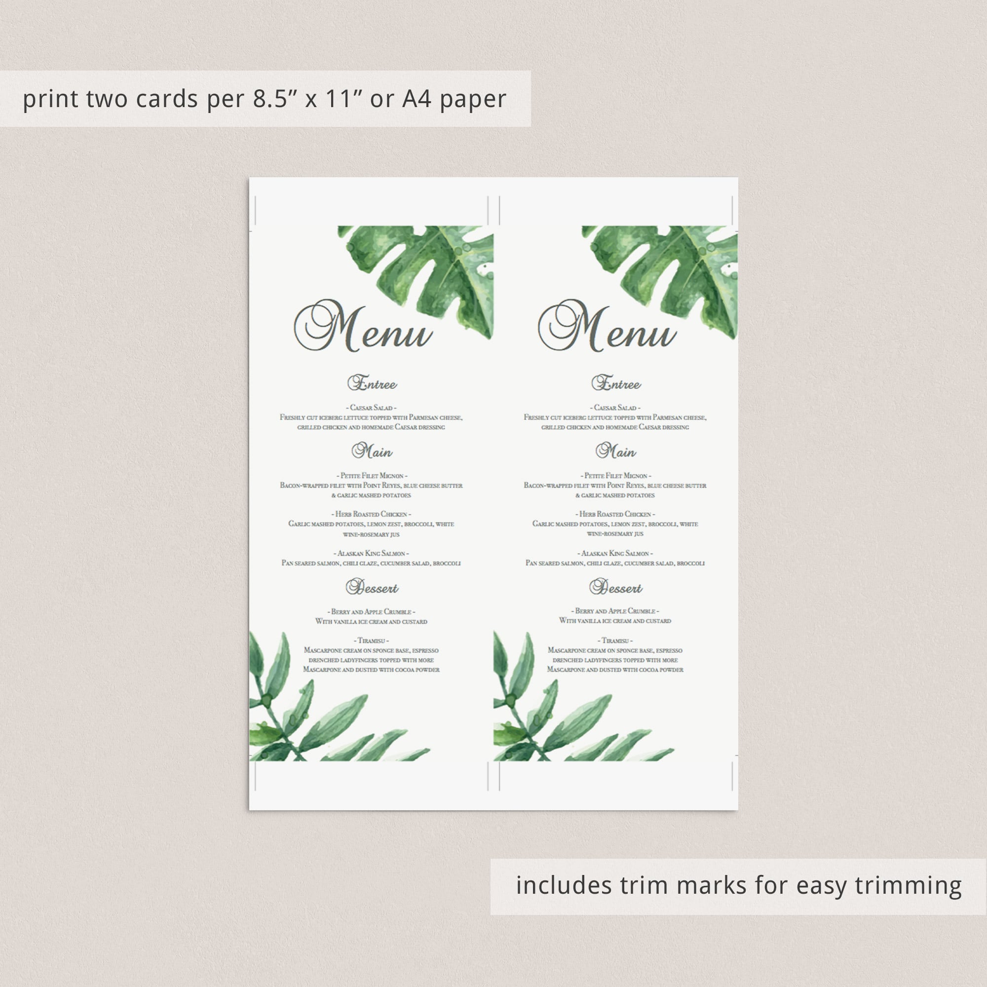 Botanical leaves menu cards by LittleSizzle