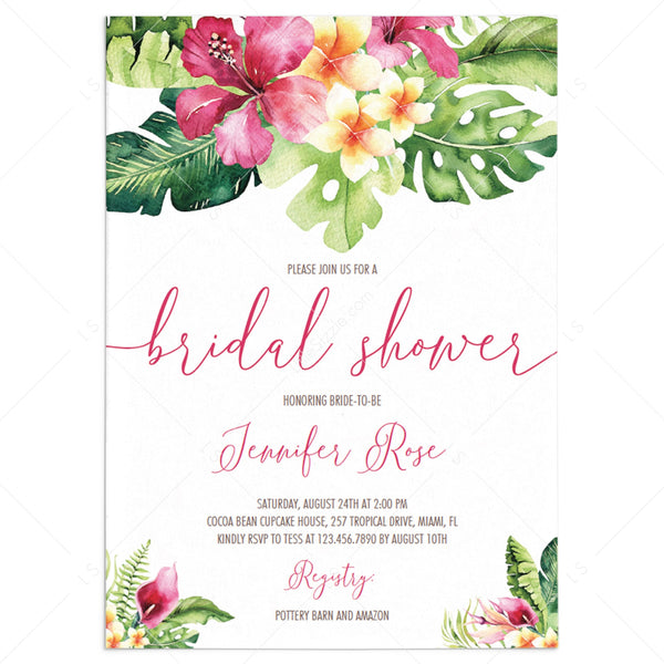 DB Party Studio Bridal Shower Miss to Mrs Beautiful Tropical Watercolor  Floral Fill-In-Style Blank Invitations with Envelopes ( Pack of 25 ) Large