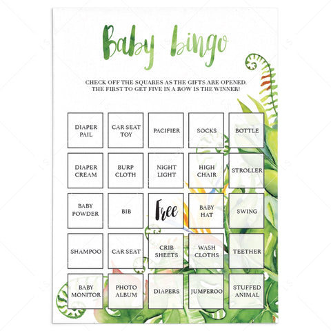 Green tropical baby shower Baby Bingo printable | Instant download ...