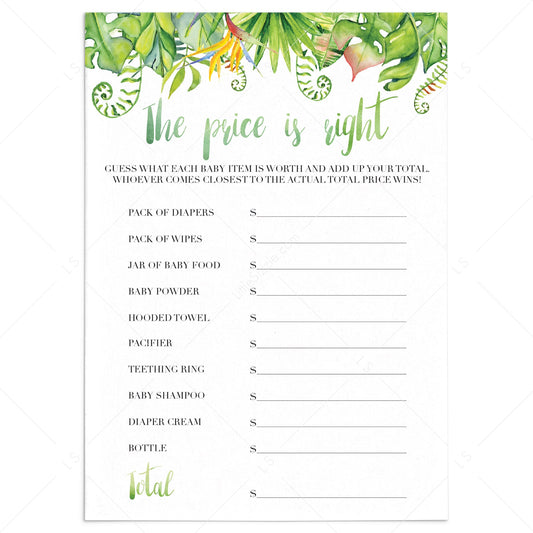 Greenery leaves baby party game the price is right printable by LittleSizzle