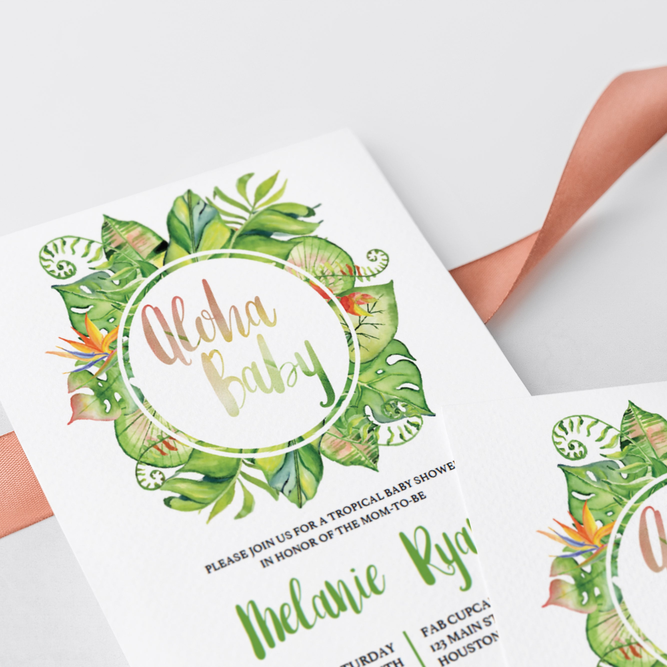 Close up of watercolor tropical Baby Shower Invite by LittleSizzle