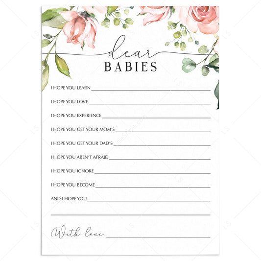 Dear babies twins baby shower games printable by LittleSizzle