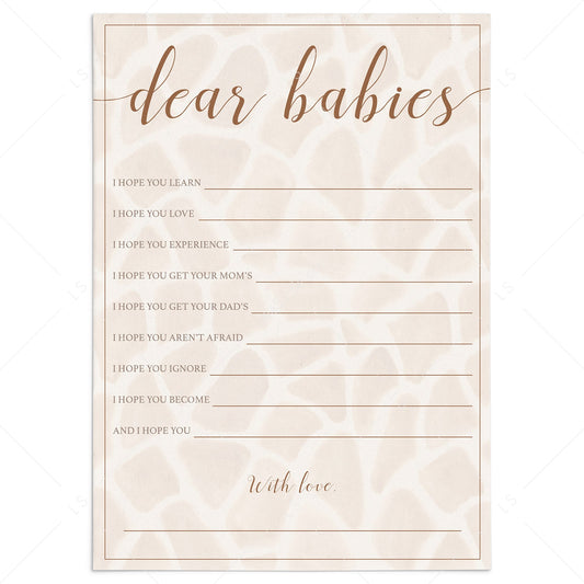 Printable dear babies game for rustic safari baby shower by LittleSizzle