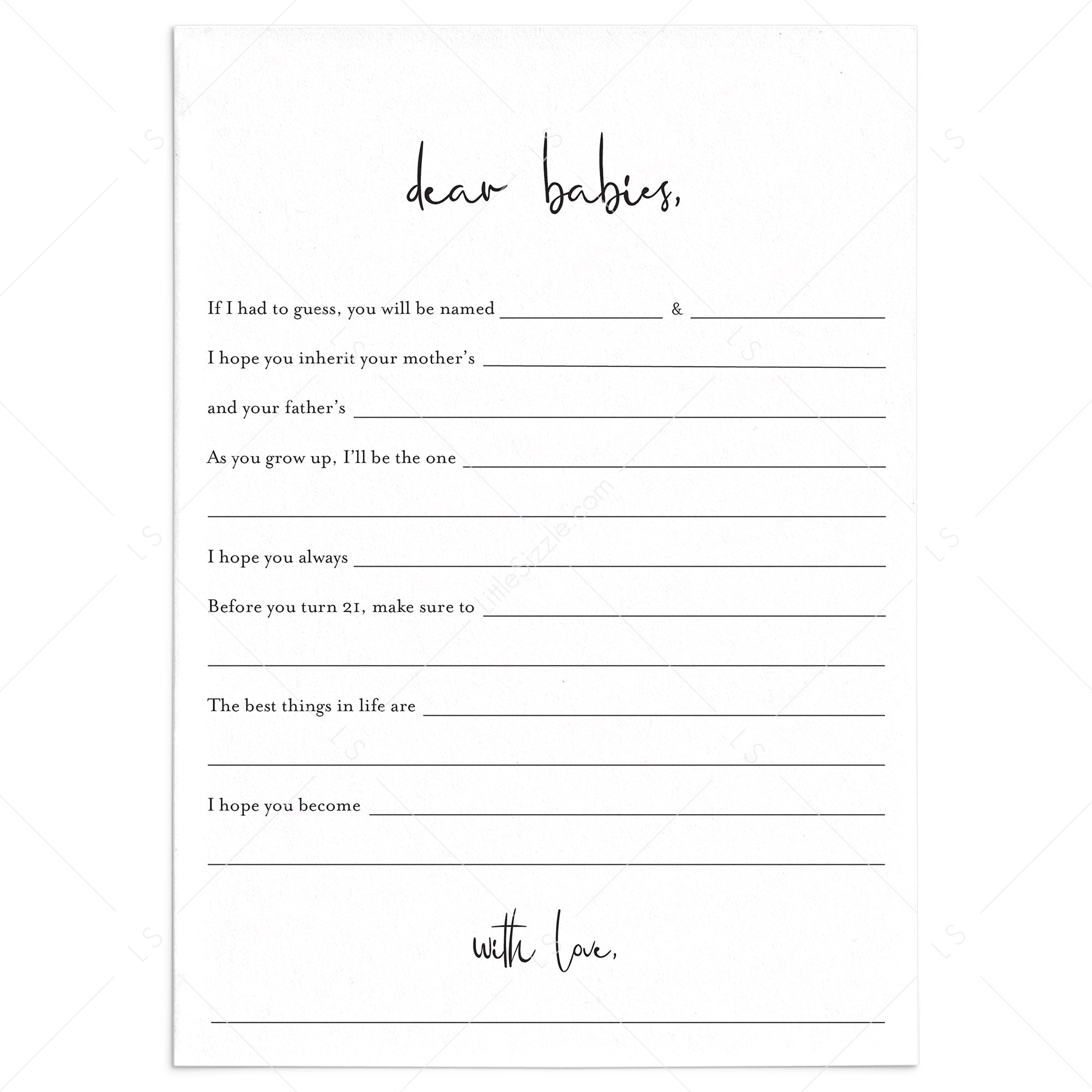 Twins Baby Shower Game Printable Dear Babies Modern Minimalist by LittleSizzle