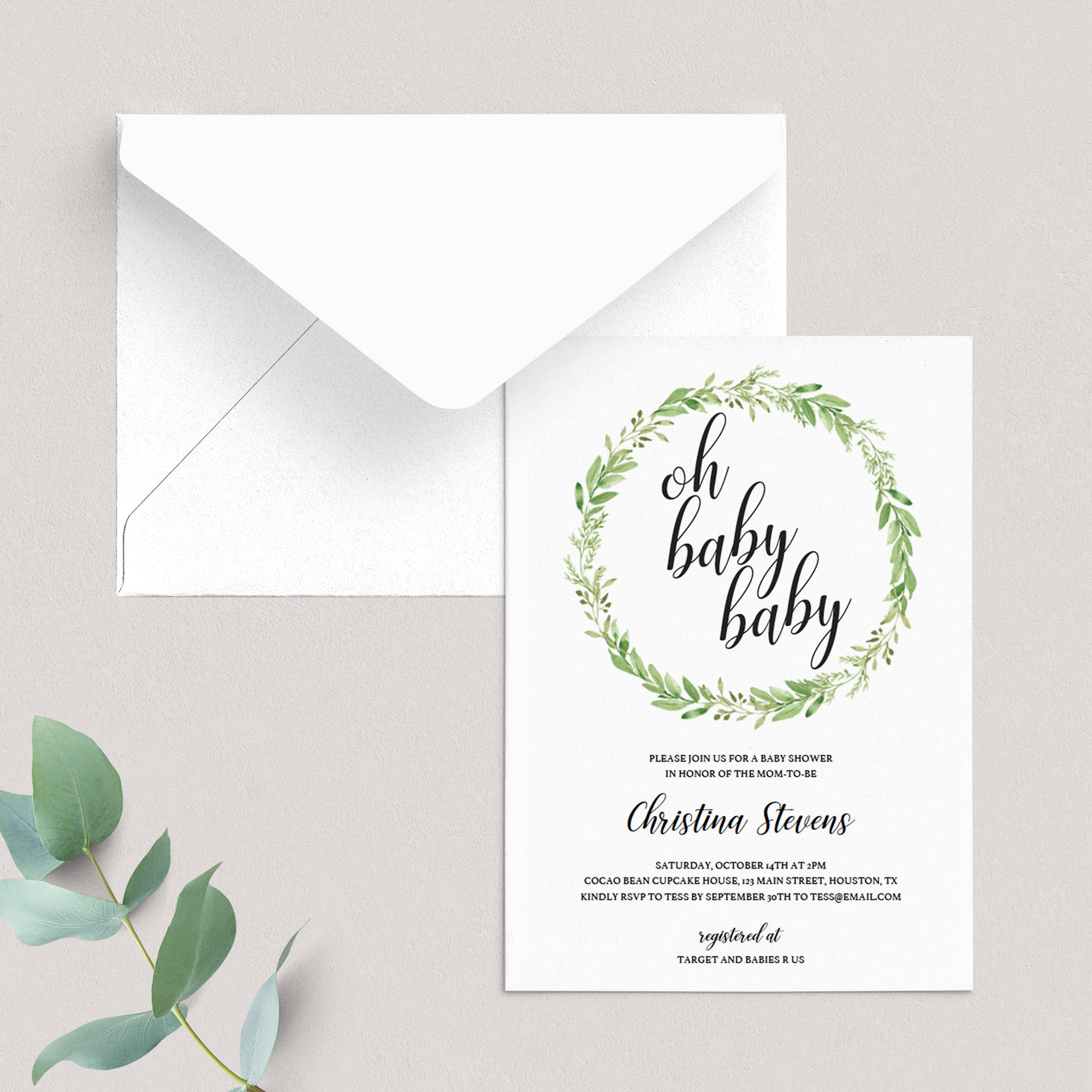 Greenery twin baby shower invite template by LittleSizzle