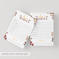 Printable Dear Babies Wishes Card with Burgundy Flowers