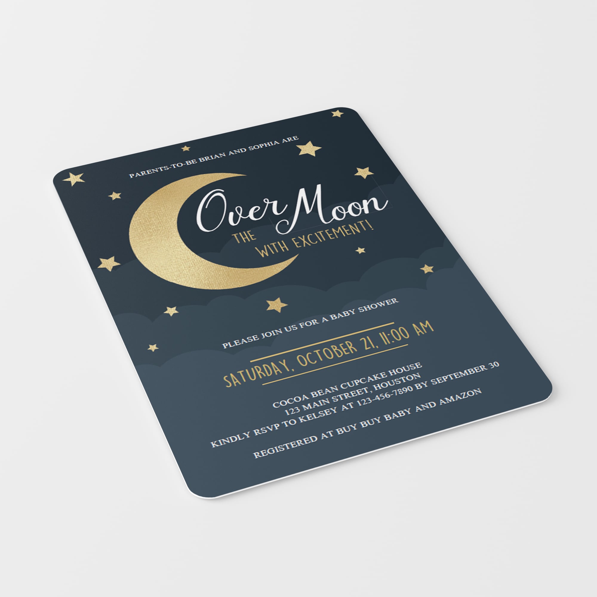 Gold and navy over the moon baby shower invite by LittleSizzle