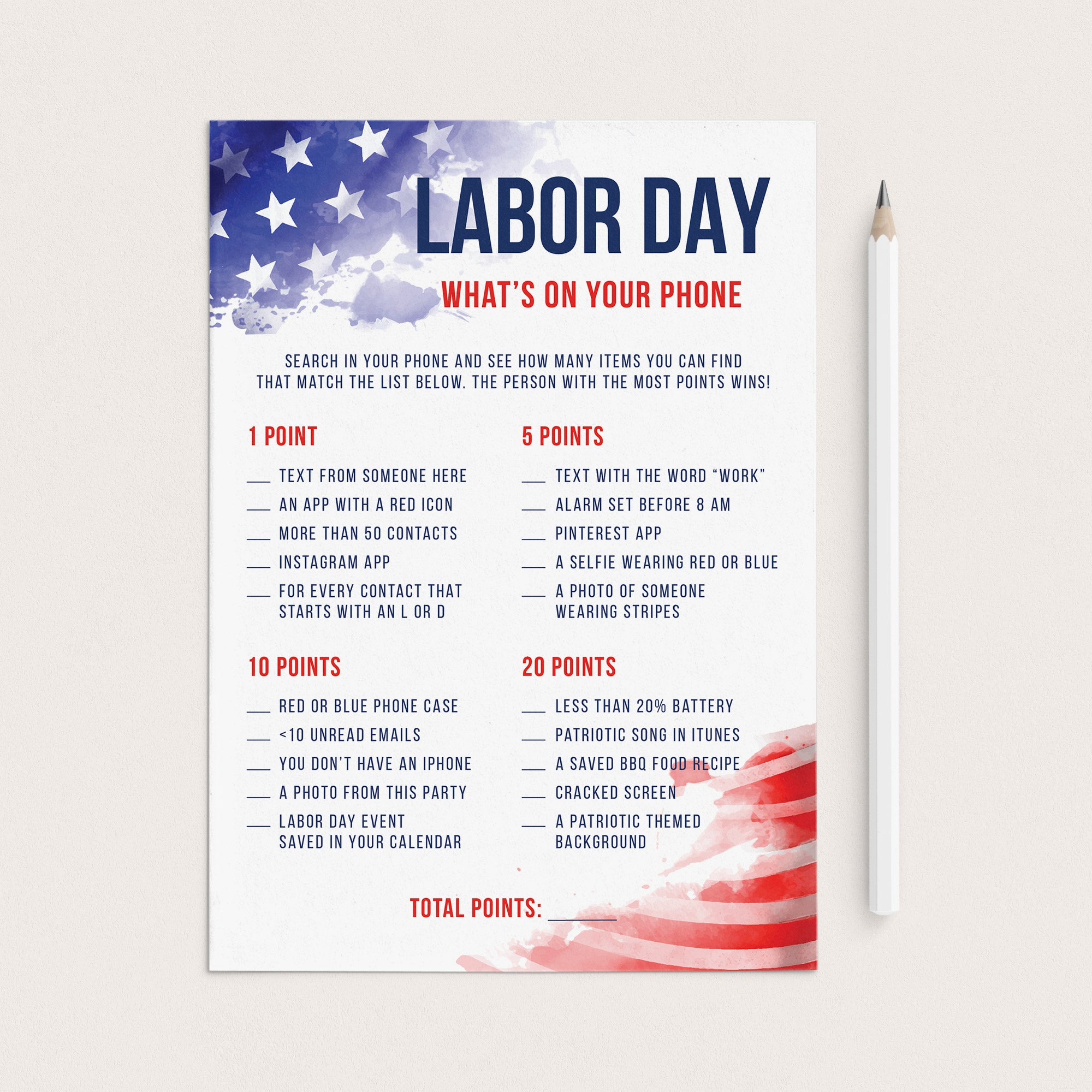 Labor Day Game What's On Your Phone Printable by LittleSizzle