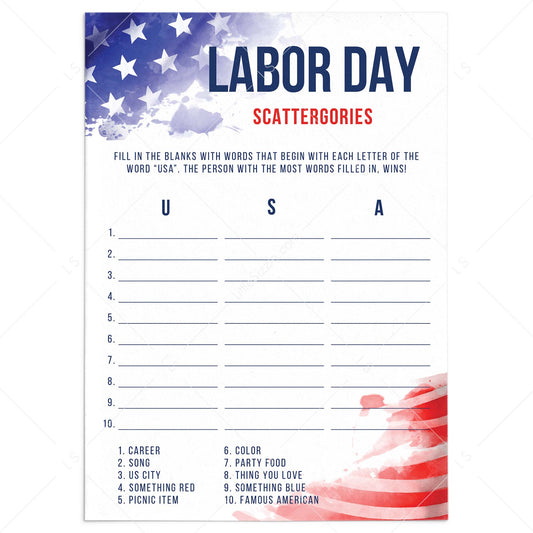 USA Labor Day Game Scattergories Printable by LittleSizzle