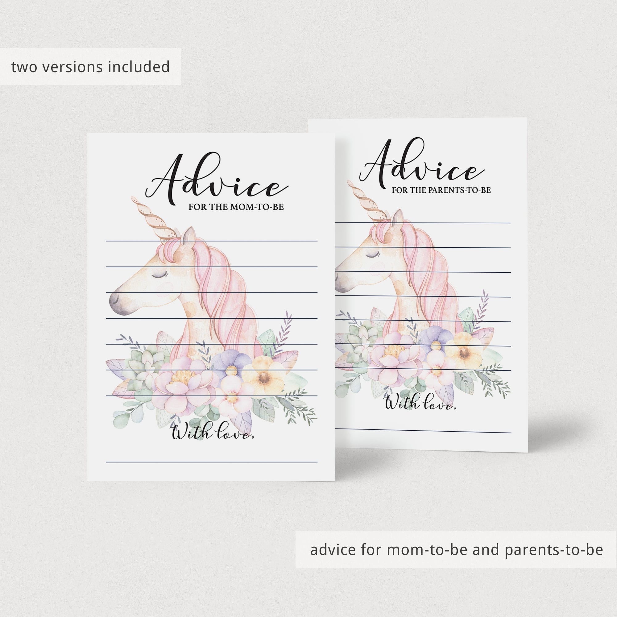 Printable advice cards for unicorn baby sprinkle by LittleSizzle