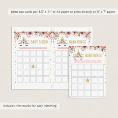 Baby Bingo Cards for Unicorn Baby Shower Printable Set