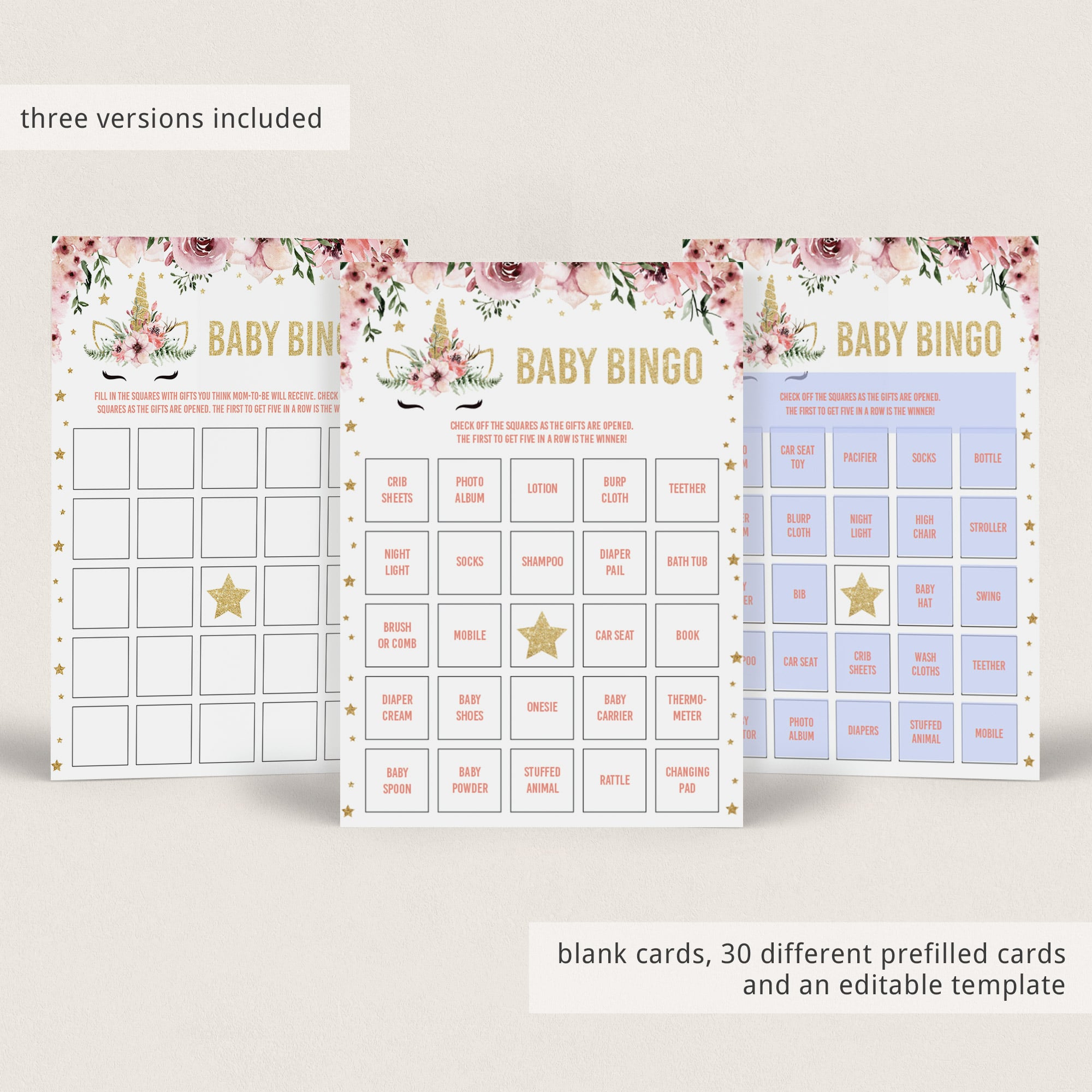 Printable baby shower bingo cards prefilled and blank cards by LittleSizzle