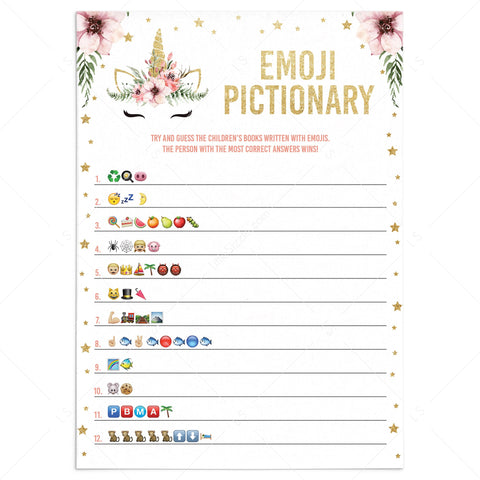 Unicorn baby shower Emoji Pictionary game printable | Instant download ...