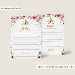 Unicorn baby advice cards printables by LittleSizzle