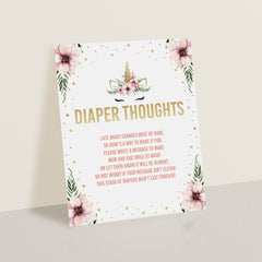 Baby Shower Diaper Thoughts Sign Template Floral Unicorn