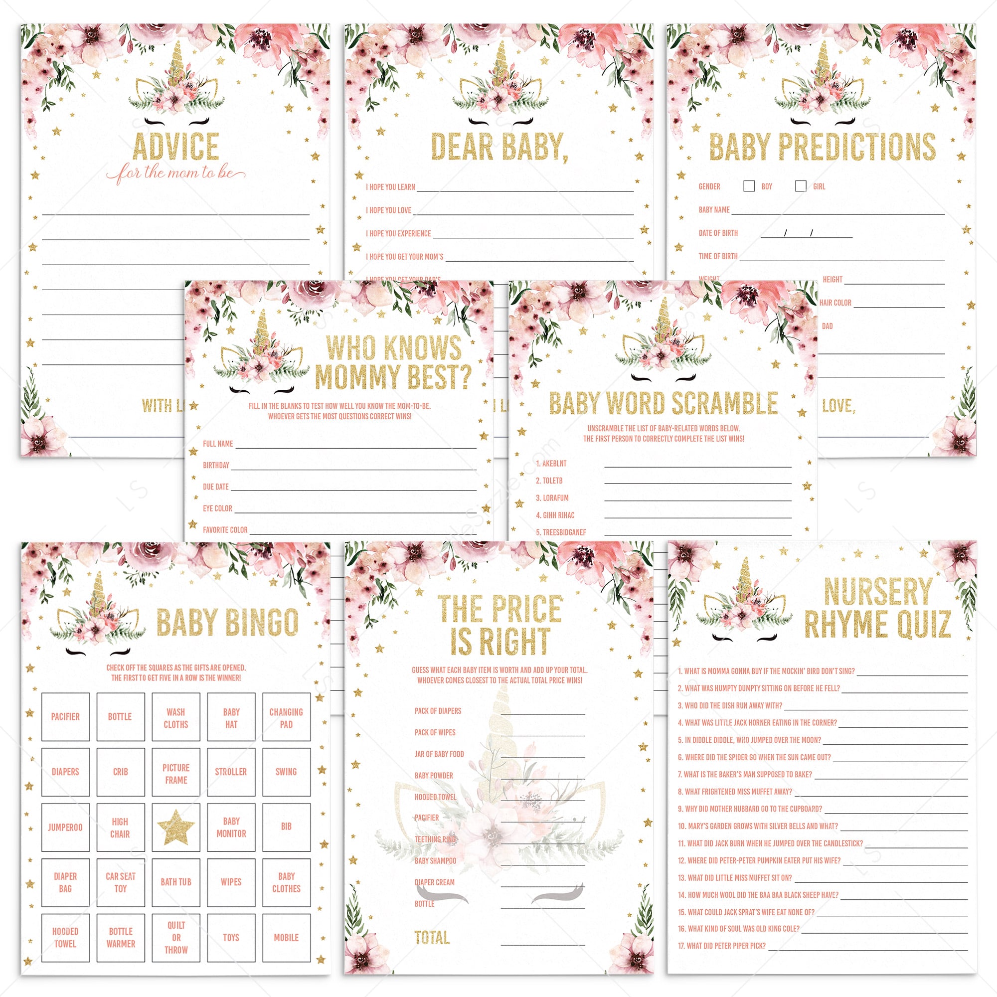 Huge baby shower games package printable unicorn themed by LittleSizzle