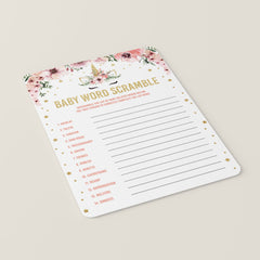 Unicorn Baby Party Game Word Scramble Printable
