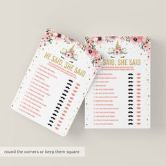 He said or she said game for girl baby shower instant download by LittleSizzle