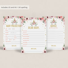 Printable Pink and Gold Unicorn Baby Shower Bundle