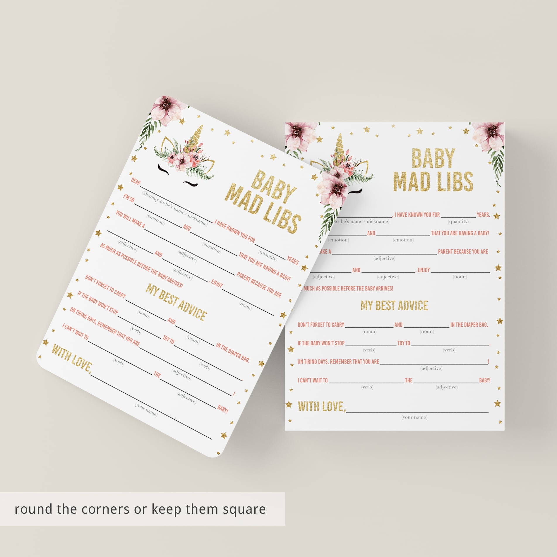 Baby shower mad libs printable game cards pink and gold by LittleSizzle