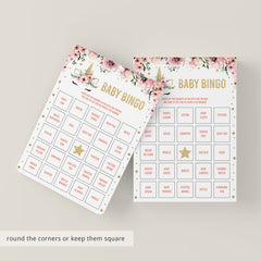 Prefilled bingo cards for unicorn baby shower party by LittleSizzle