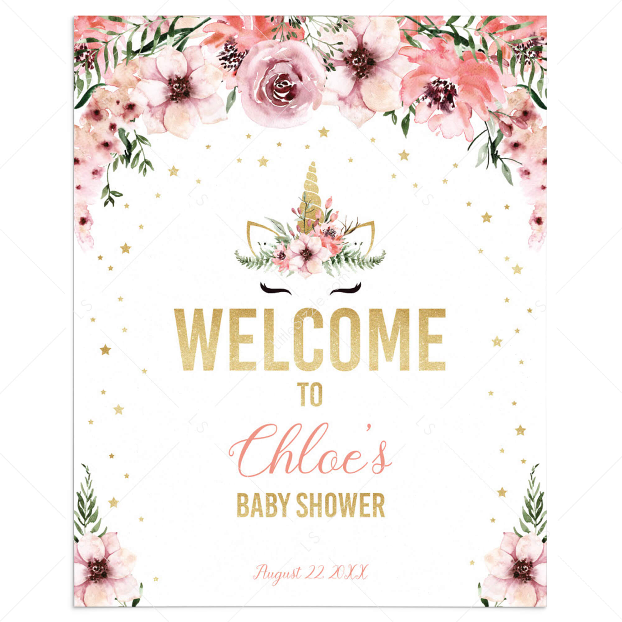 Unicorn Baby Shower Welcome Sign Template Pink and Gold by LittleSizzle