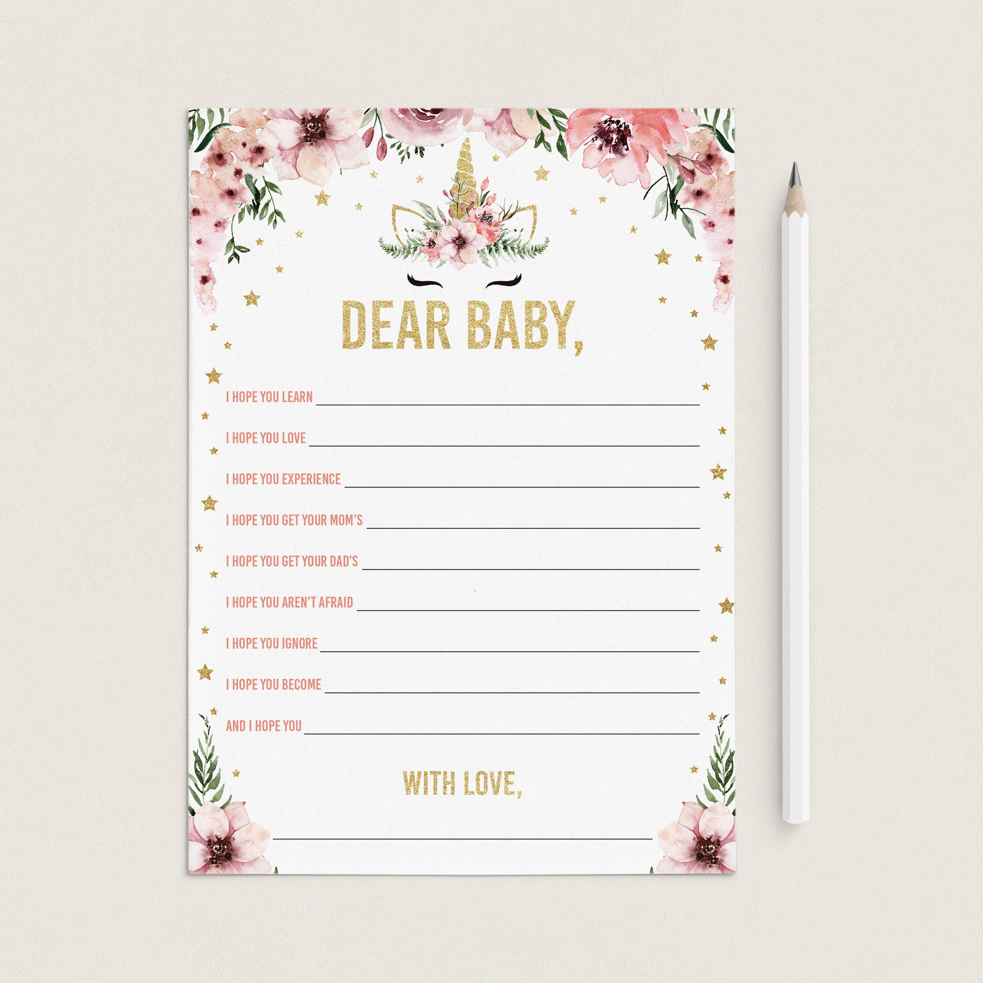 Printable dear baby cards with watercolor unicorn by LittleSizzle
