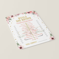 Would She Rather Game for Baby Shower Printable Pink and Gold