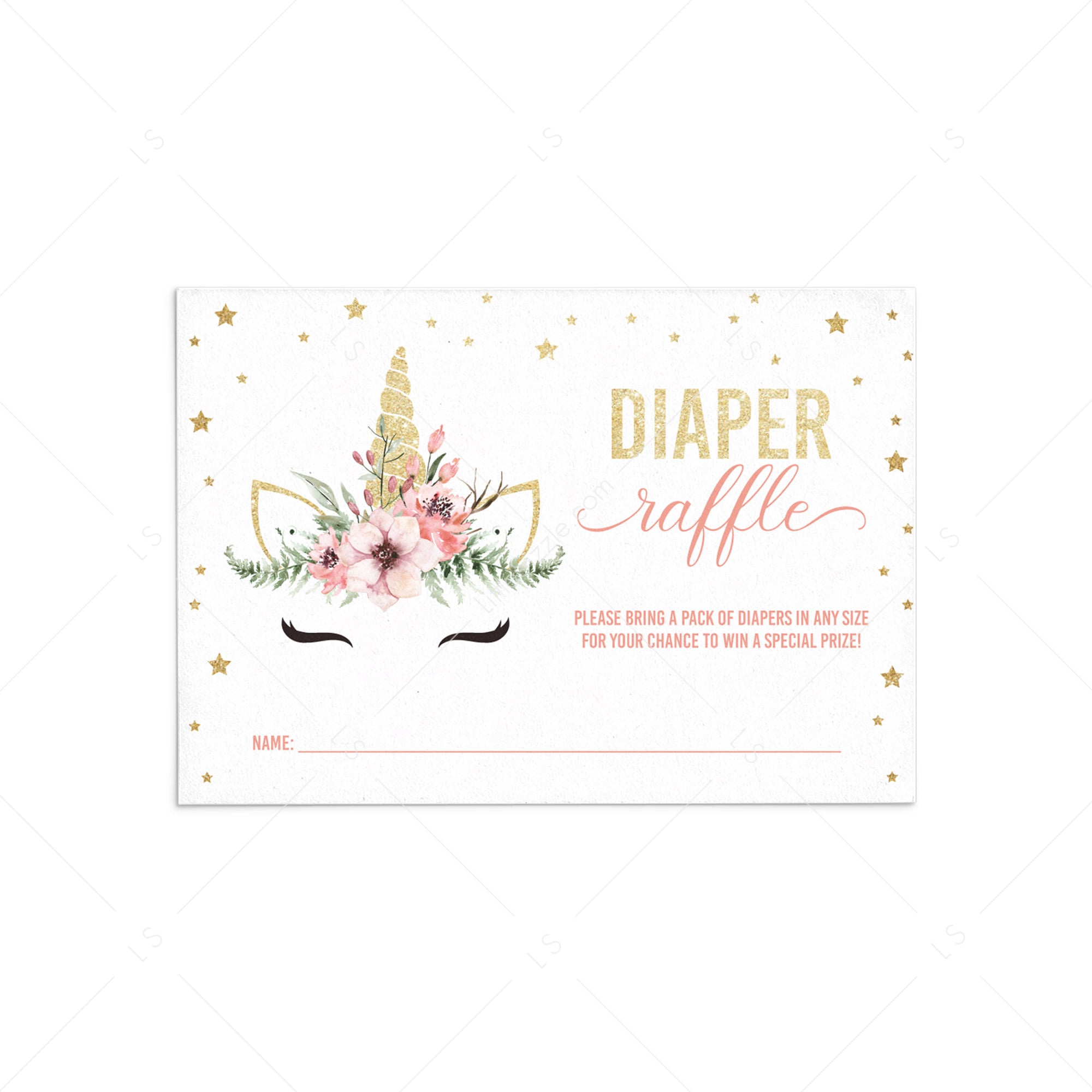 Gold and pink unicorn baby shower diaper raffle tickets printable by LittleSizzle