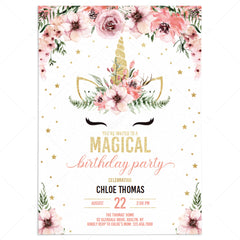 Floral Unicorn Birthday Invitation Editable Template Pink and Gold by LittleSizzle